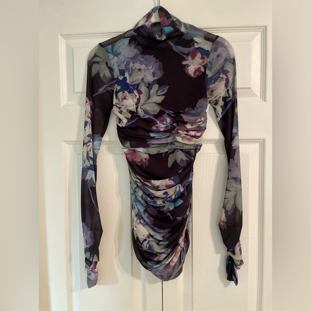 NICHOLAS Harmony Funnel Shirred L/s Top in Black Antique Floral Mesh US size 2‎